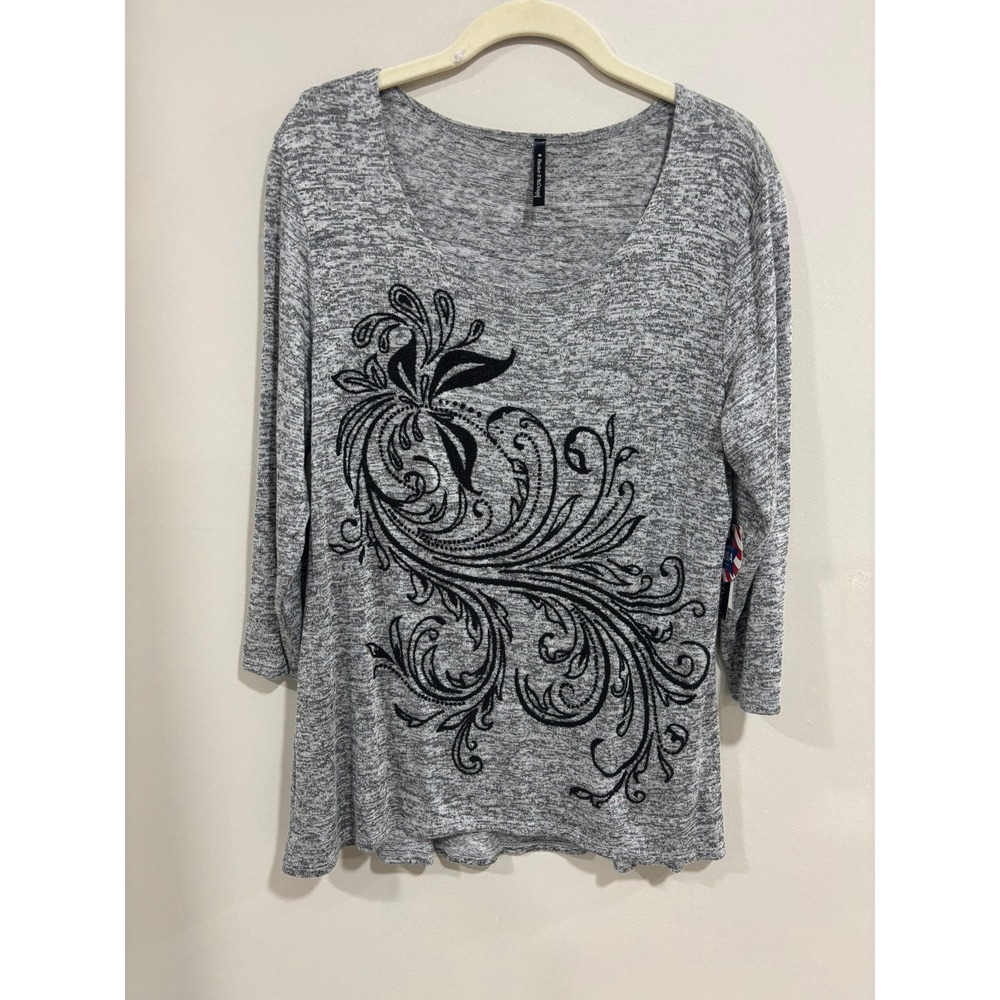 Bleeker & McDougal M Gray Floral Embroidered‎ Tunic 3/4 Sleeve Boho Top